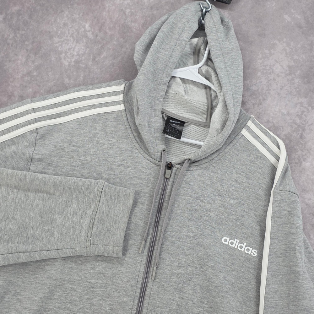 Adidas Essentials 3-Stripes Full Zip Hoodie Jacket Mens 2XL Heather Grey White